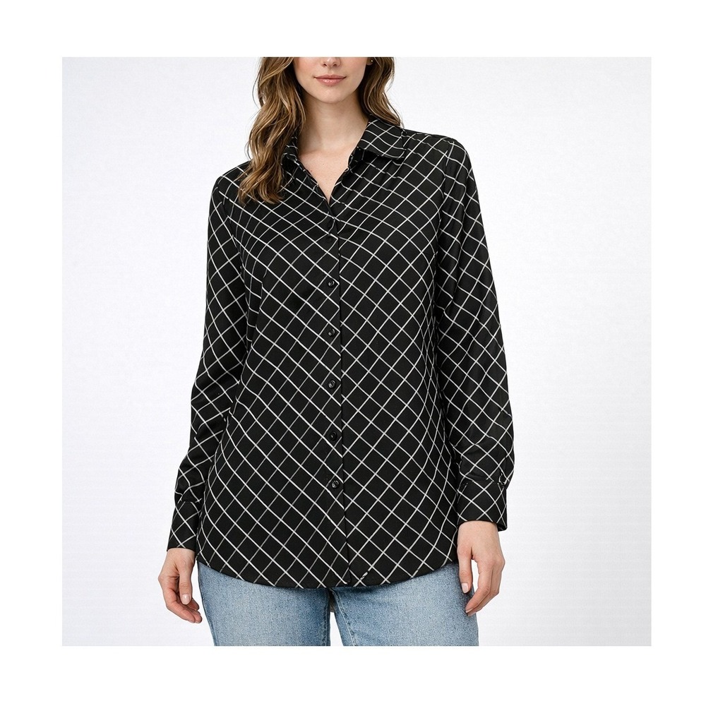 Chicos Womens Size 3 Black White Windowpane Plaid Button Down Shirt Long Sleeve